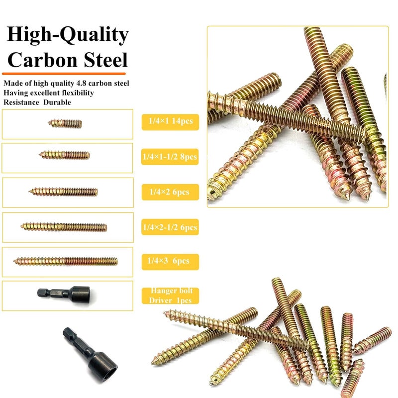 Matrelt 41 Pack 1/4-20" Hanger Bolts 5Sizes 1-3 Inch Include1 pcs Hanger Bolt Driver Double Headed Bolts Wood Dowel Screw Self-Tapping Screw for Furniture Screws Wood Screws Double Threaded Rods - Image 3